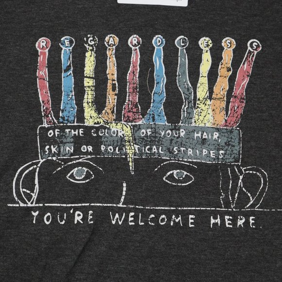 Youre Welcome Here Shirt Mens L Gray Short Sleeve Crew Neck Knit Print Basic Tee - Picture 2 of 13